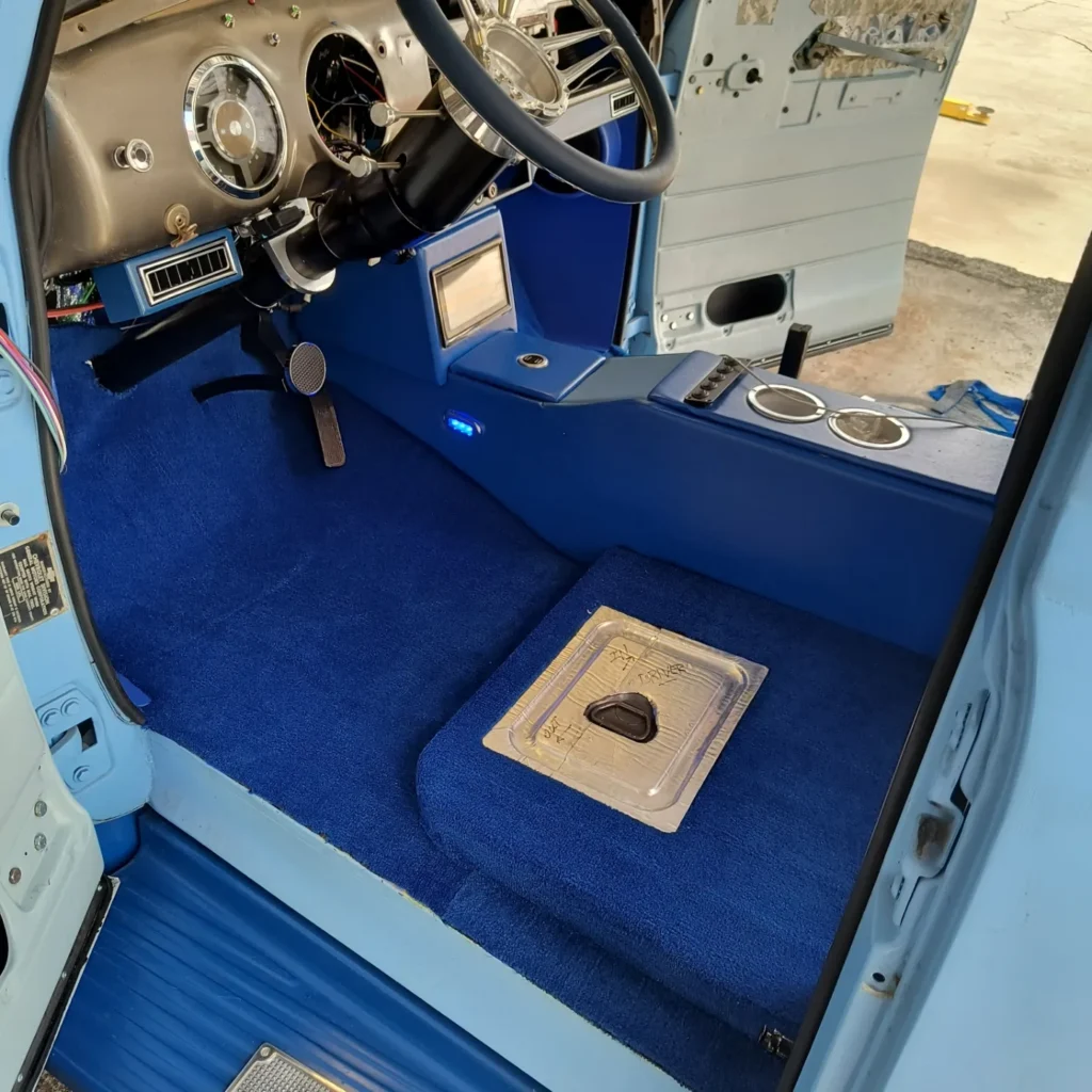 vintage blue car interior, driver's side